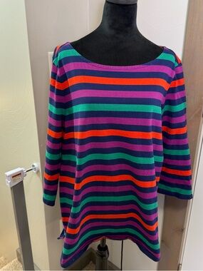 Lands' End Rugby Stripe Heavyweight 100% Cotton Boat Neck Tunic Top Colorful L